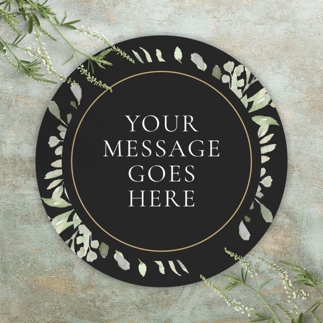 Sticker Rond Mariage Floral Vert Foncé Or Noir Aquarelle (Watercolor Greenery Floral Gold Black Wedding Classic Round Sticker)