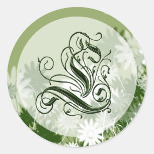 Sticker Rond Mariage floral vert Monogramme L Sceau