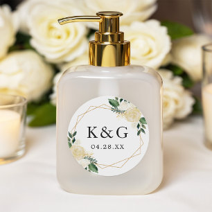 Sticker Rond Mariage Floral Vert Or Moderne Date Monogramme