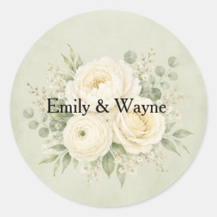 Sticker Rond Mariage Floral Vert Sauge et Ivoire