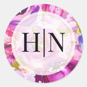 Sticker Rond Mariage Floral Vibrant de Rose et Violet