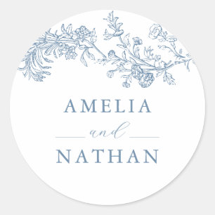 Sticker Rond Mariage Floral Vintage bleu
