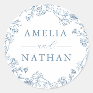 Sticker Rond Mariage Floral Vintage Bleu Poussiéreux