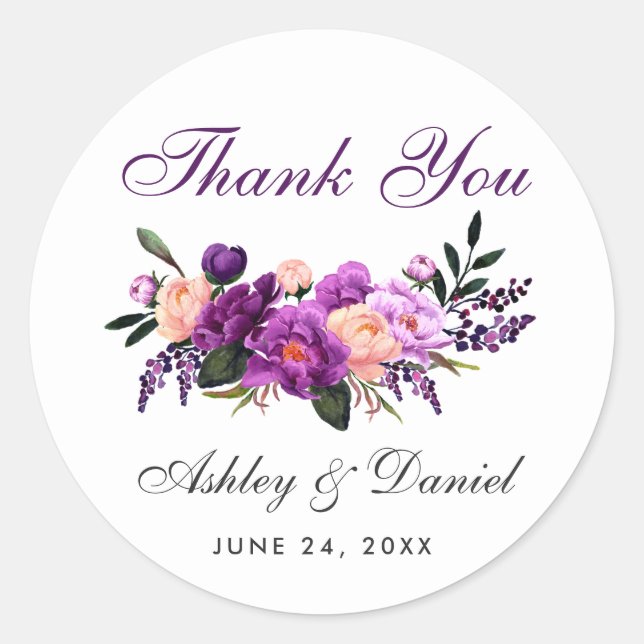 Sticker Rond Mariage Floral violet ultra violet Merci  G (Devant)