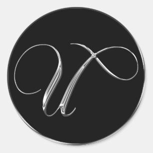 Sticker Rond Mariage Formel Argent Et Noir Monogramme U Sceau