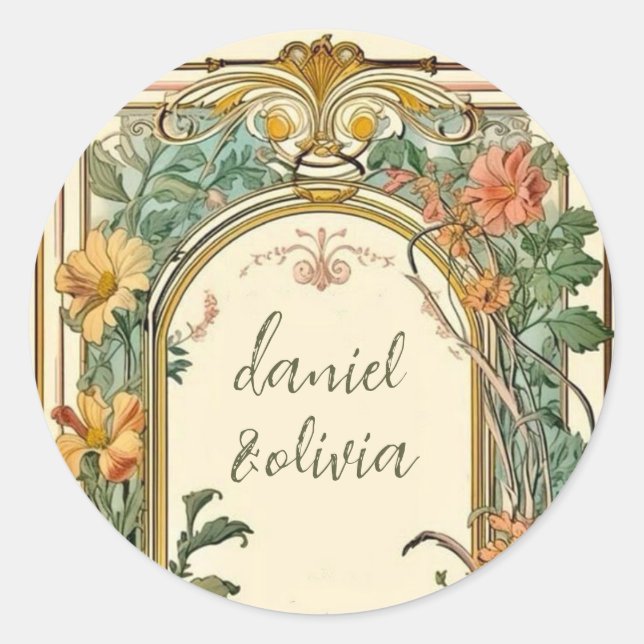 Sticker Rond Mariage frontalier orné fleur sauvage victorien (Devant)