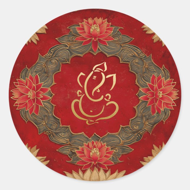 Sticker Rond Mariage Ganesh | Mariage indien Gold Lotus Red (Devant)