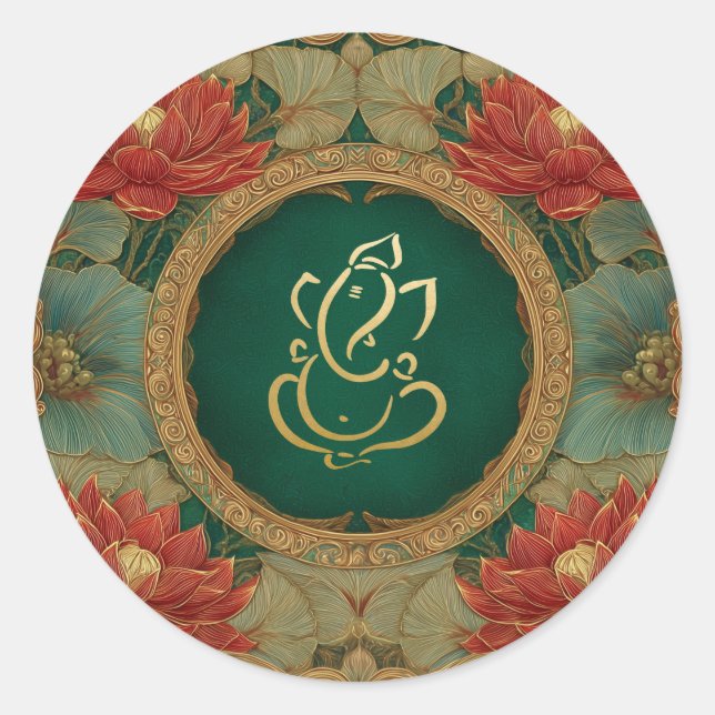 Sticker Rond Mariage Ganesh | Mariage indien Pink Lotus Green (Devant)