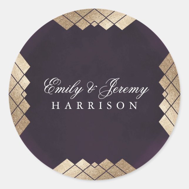 Sticker Rond Mariage Gatsby d'or violet géométrique (Devant)
