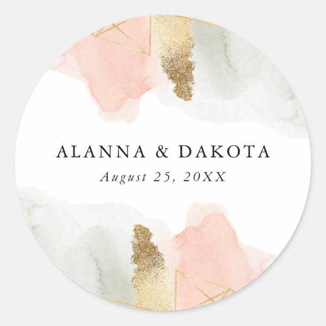 Sticker Rond Mariage géométrique Blush & Sage Aquarelle Or (Devant)