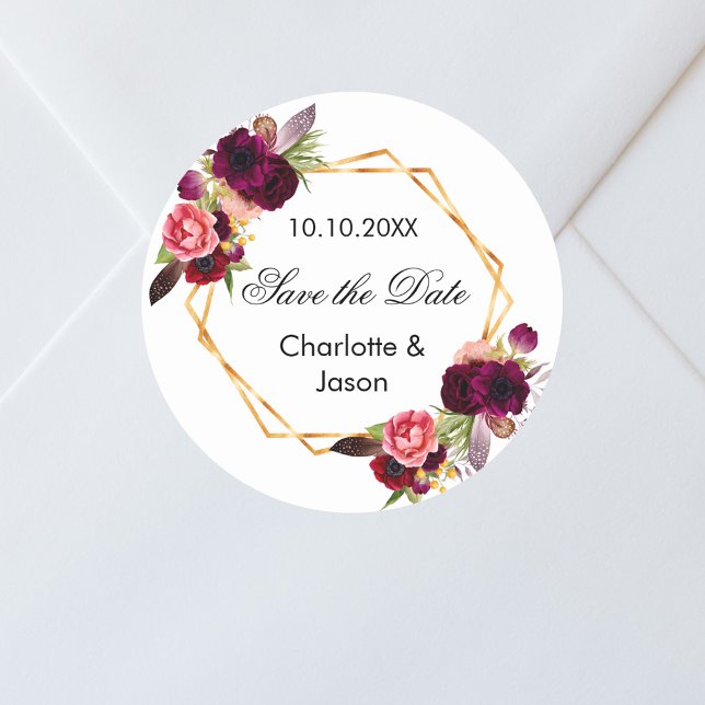Sticker Rond Mariage géométrique des fleurs de Bourgogne Enregi (Créateur téléchargé)