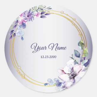Sticker Rond Mariage Géométrique Floral Aquarelle Doré Violet