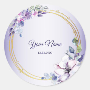 Sticker Rond Mariage Géométrique Floral Aquarelle Or Pourpre
