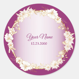 Sticker Rond Mariage Géométrique Rustique Rose Floral Blanc Dor