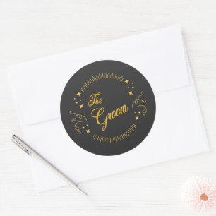 Sticker Rond Mariage Gold Groom Élégant Script Gold Noir