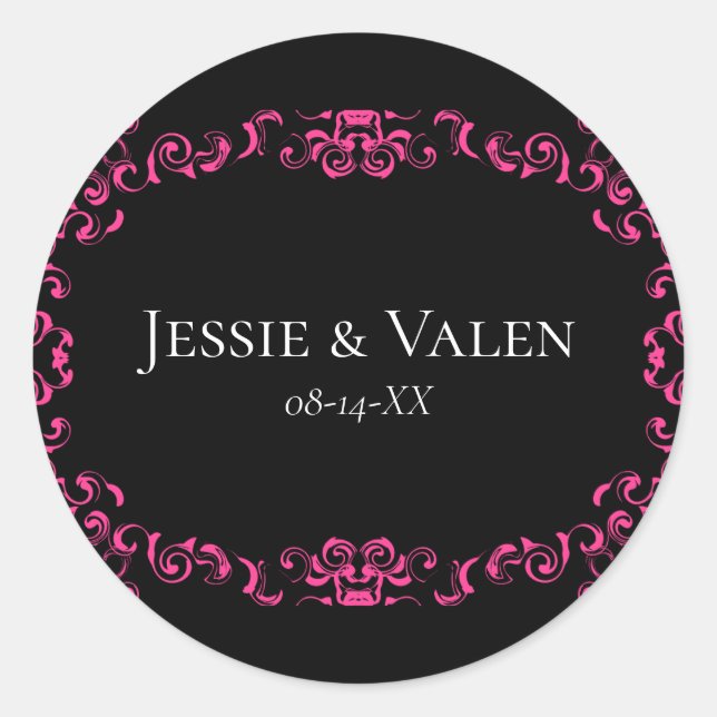 Sticker Rond Mariage gothique rose chaud et noir (Devant)