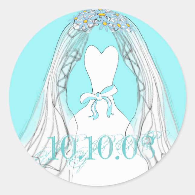 Sticker Rond Mariage Gown et Veil Aqua et White (Devant)