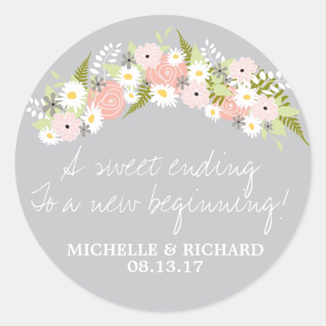 Sticker Rond Mariage gris clair de couronne de fleurs (Devant)