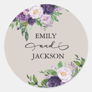 Sticker Rond Mariage Gris Lavande Violet Prune Végétal