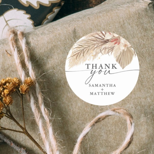 Sticker Rond Mariage Herbe des Pampas Palmier Séché (Pampas grass and dried palm thank you wedding sticker.)