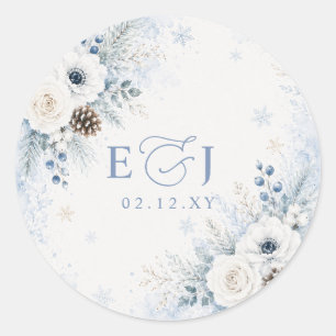 Sticker Rond Mariage hivernal floral bleu poussiéreux moderne é