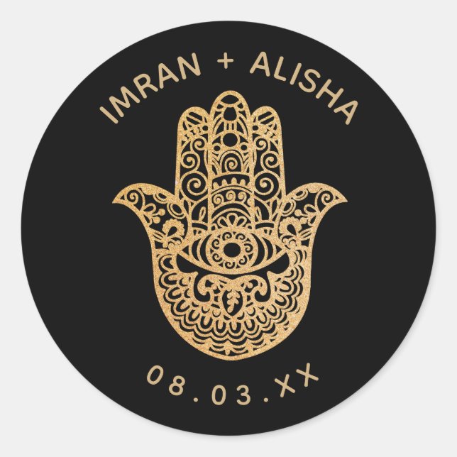 Sticker Rond Mariage indien Gold Black hamsa Henna (Devant)
