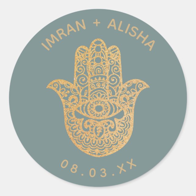 Sticker Rond Mariage indien Gold Blue hamsa Henna (Devant)