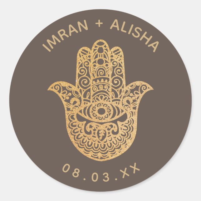 Sticker Rond Mariage indien Gold Brown hamsa Henna (Devant)