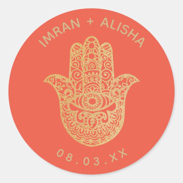 Sticker Rond Mariage indien Gold Orange hamsa Henna (Devant)