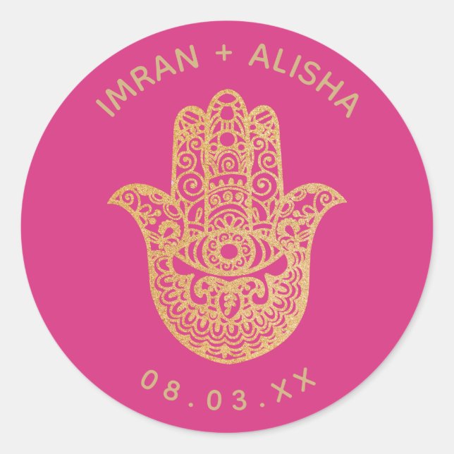 Sticker Rond Mariage indien Gold Pink hamsa Henna (Devant)