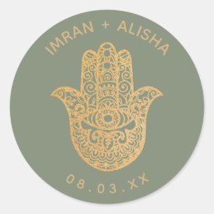 Sticker Rond Mariage indien Gold Sage Green hamsa Henné