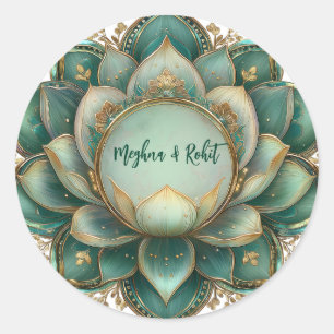 Sticker Rond Mariage Indien Or Vert Lotus