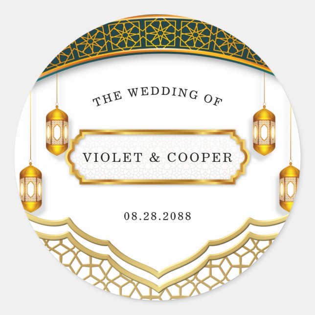 Sticker Rond Mariage islamique moderne blanc et or (Devant)