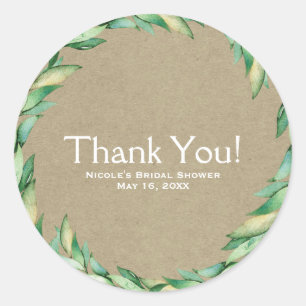 Sticker Rond Mariage Kraft Rustique Feuilles Vertes Aquarelle