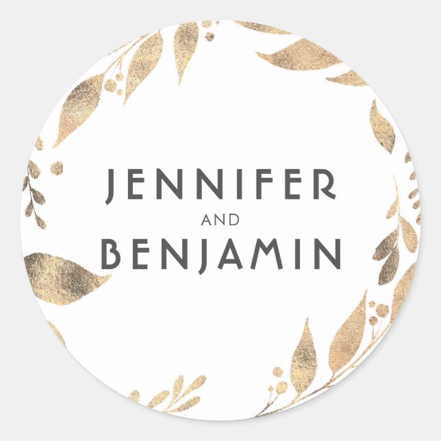 Sticker Rond Mariage Laurel Feuille blanc et or (Devant)
