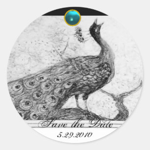 Sticker Rond MARIAGE LOVE PEACOCK blanc noir bleu aquamarine