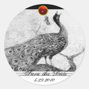 Sticker Rond MARIAGE LOVE PEACOCK blanc noir rouge rubis