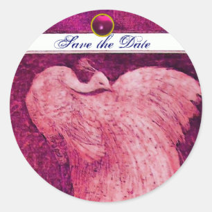 Sticker Rond MARIAGE LOVE PEACOCK blanc rouge, améthyste rose