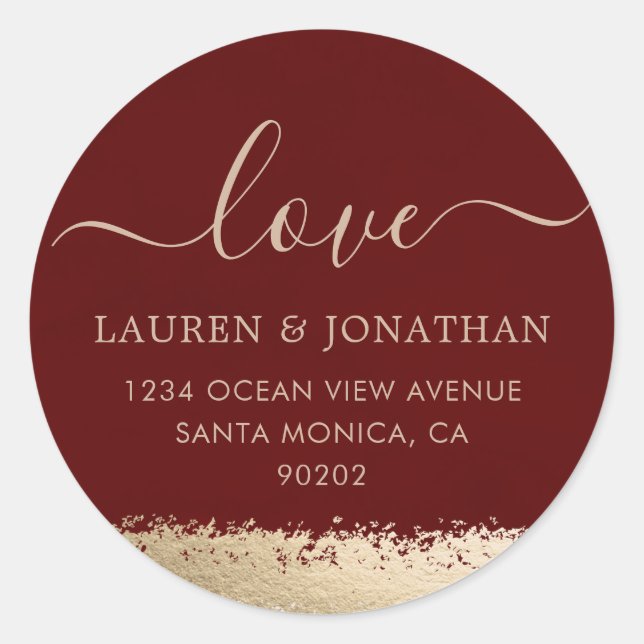 Sticker Rond Mariage Love Script, Bourgogne et Gold Foil (Devant)