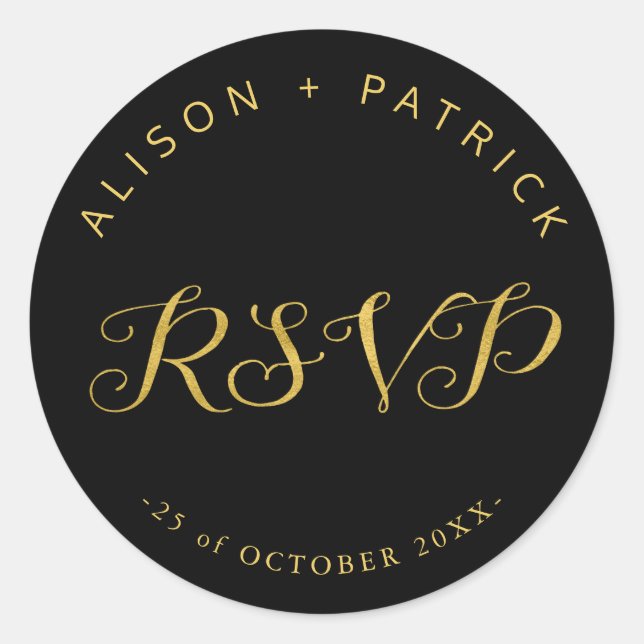Sticker Rond Mariage luxe or noir élégant rsvp (Devant)