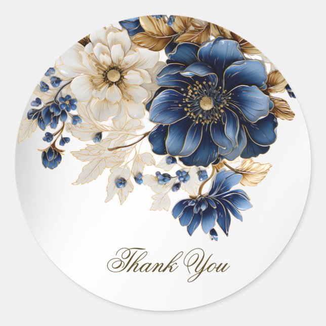 Sticker Rond Mariage Marine Bleu Blanc Or Floral Argent (Devant)