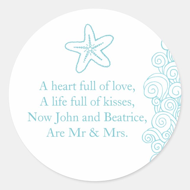 Sticker Rond Mariage mer étoile de plage vagues aqua autocollan (Devant)