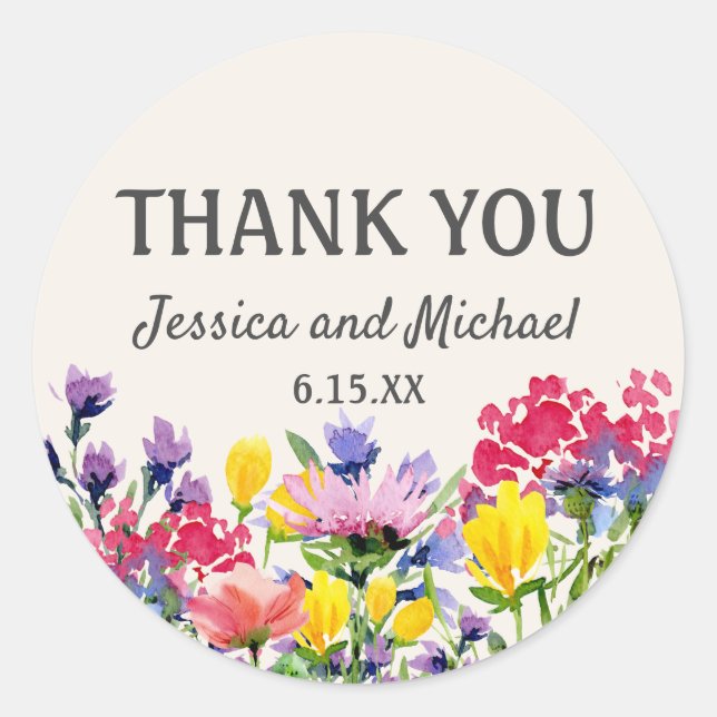 Sticker Rond Mariage Merci Aquarelle Fleur sauvage Floral (Devant)