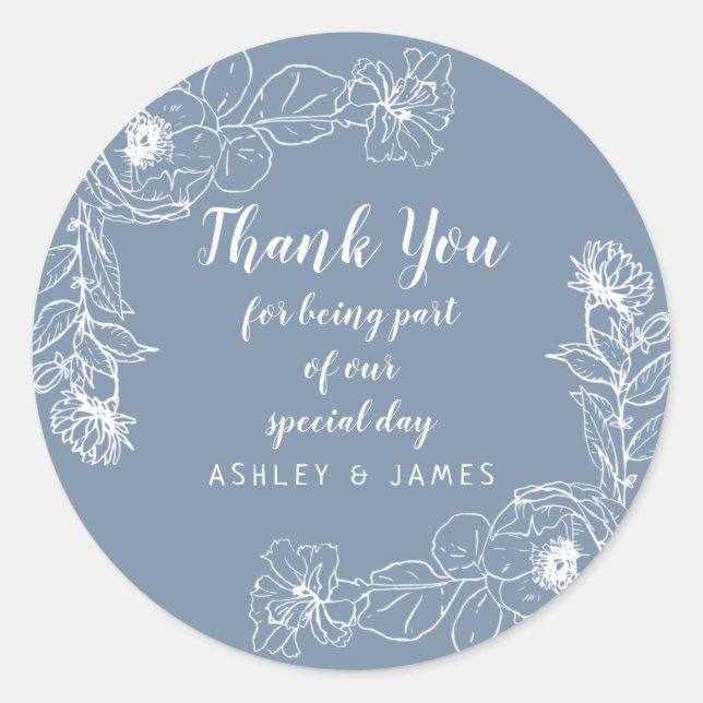 Sticker Rond Mariage Merci Blanc Floral Outline bleu (Devant)