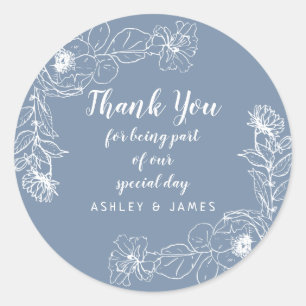 Sticker Rond Mariage Merci Blanc Floral Outline bleu