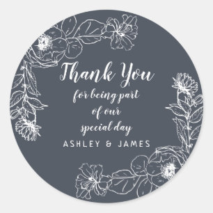Sticker Rond Mariage Merci Blanc Floral Outline Bleu foncé