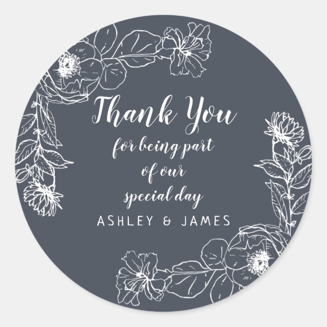 Sticker Rond Mariage Merci Blanc Floral Outline Bleu foncé (Devant)