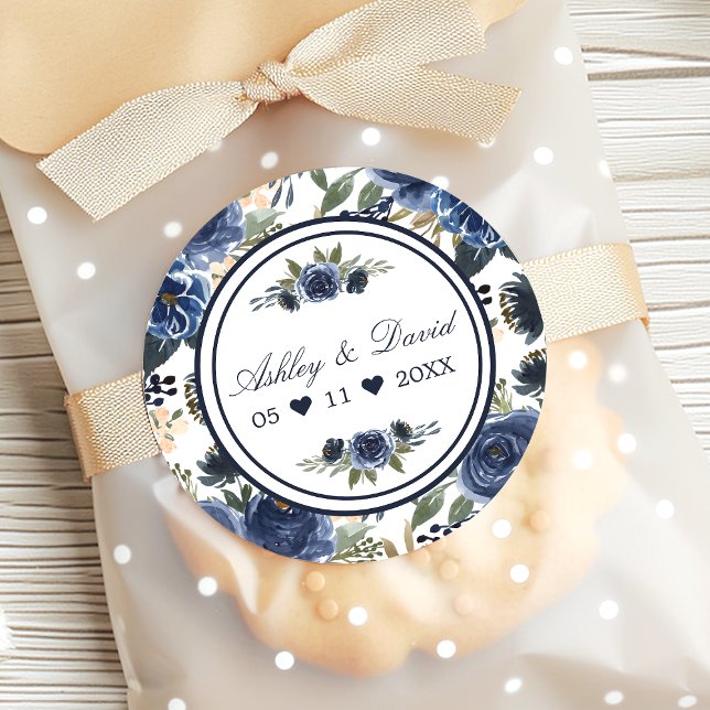 Sticker Rond Mariage Merci bleu marine Floral (Créateur téléchargé)
