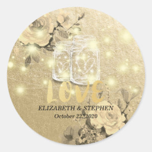 Sticker Rond Mariage Merci Floral Mason Jar Lumières à cordes