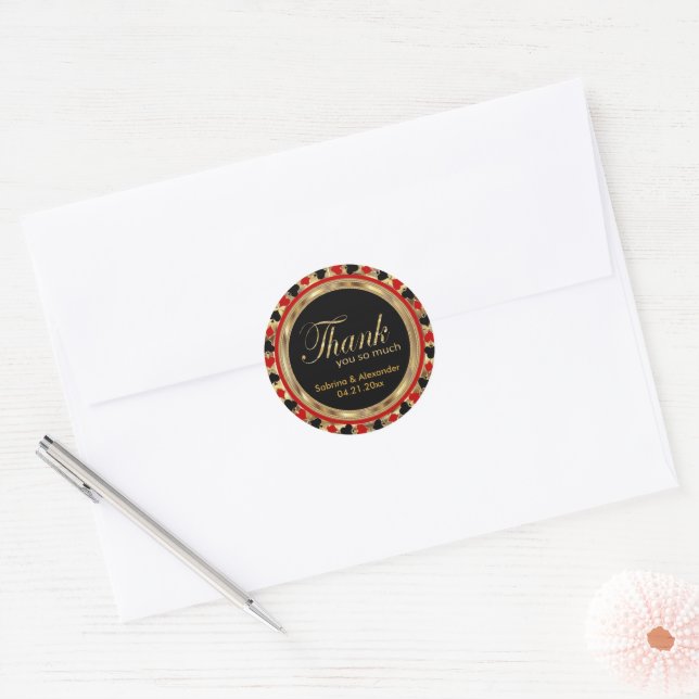 Sticker Rond Mariage Merci Poker Chip en Rouge & Or (Enveloppe)